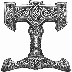 ntricate black and white illustration of Thor's Hammer, Mjolnir, adorned with ancient Nordic and Celtic knotwork. Symbolizes strength, protection, and ancient mythology.