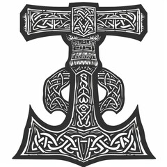 ntricate black and white illustration of Thor's Hammer, Mjolnir, adorned with ancient Nordic and Celtic knotwork. Symbolizes strength, protection, and ancient mythology.