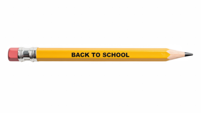 Yellow pencil with red eraser, featuring phrase BACK TO SCHOOL printed on its side, symbolizes education and learning