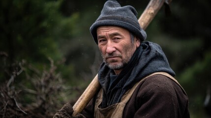 Portrait of an elderly man, dressed as a traditional Slavic peasant with a gray woolen hat and a modern but worn hooded sweatshirt, holding a wooden farming tool on his shoulder, outside in the forest