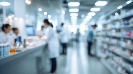 A busy pharmacy scene with pharmacists attending to customers, showcasing modern healthcare services and medication.