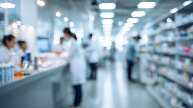 A busy pharmacy scene with pharmacists attending to customers, showcasing modern healthcare services and medication.