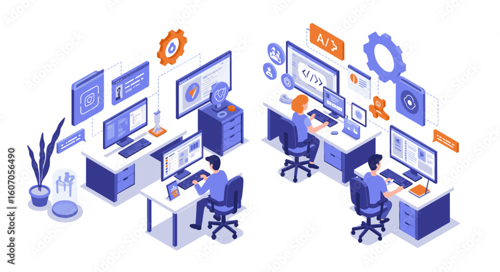 Poster isometric office workspace with developers at desks and digital interf