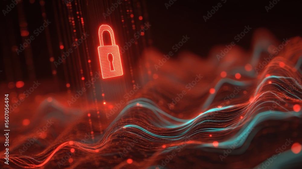 Poster a captivating digital image showcasing a glowing lock symbol representing cybersecurity and data pro