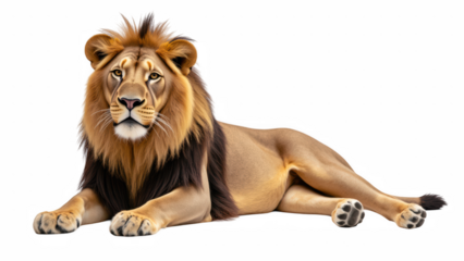 Majestic lion resting on ground, showcasing its impressive mane and powerful physique. animal exudes strength and grace in serene pose