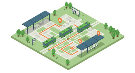 Isometric city bus route map with green buses and shelters in a park s