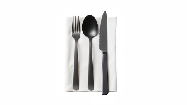 Elegant cutlery set featuring fork, spoon, and knife arranged neatly on white napkin, perfect for dining occasions