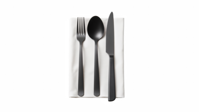 Elegant cutlery set featuring fork, spoon, and knife arranged neatly on white napkin, perfect for dining occasions