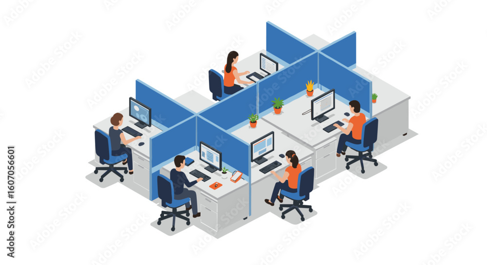 Poster modern office cubicles with people working on computers in isometric s
