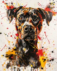 Hyper-realistic portrait of a dog with expressive eyes, surrounded by vibrant red, orange, and yellow paint splashes. A dynamic and artistic blend of realism and abstract energy.