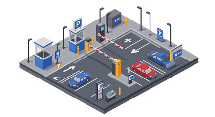 Obraz premium Isometric parking lot design with barrier gate and cars