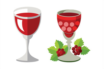 Glasses filled with red wine, one with decorative red berries and green leaves, presented on a white background
