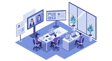 Modern isometric office with remote work setup and large screens