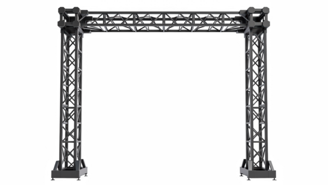 Sturdy metal arch structure designed for events, featuring modern industrial style and robust construction. Ideal for exhibitions and performances