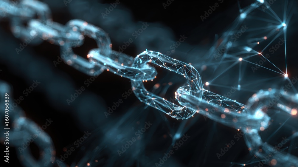 Poster a close-up of a futuristic digital chain, symbolizing connectivity and blockchain technology in a mo