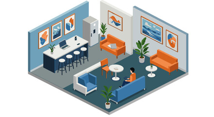 Obraz premium Modern office lounge with isometric design and cozy seating arrangemen