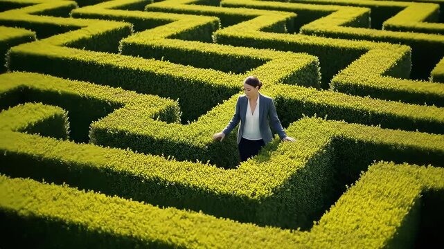 A determined businesswoman is navigating her way through a complex, tall hedge maze, symbolizing business challenges, strategy, and problem-solving.