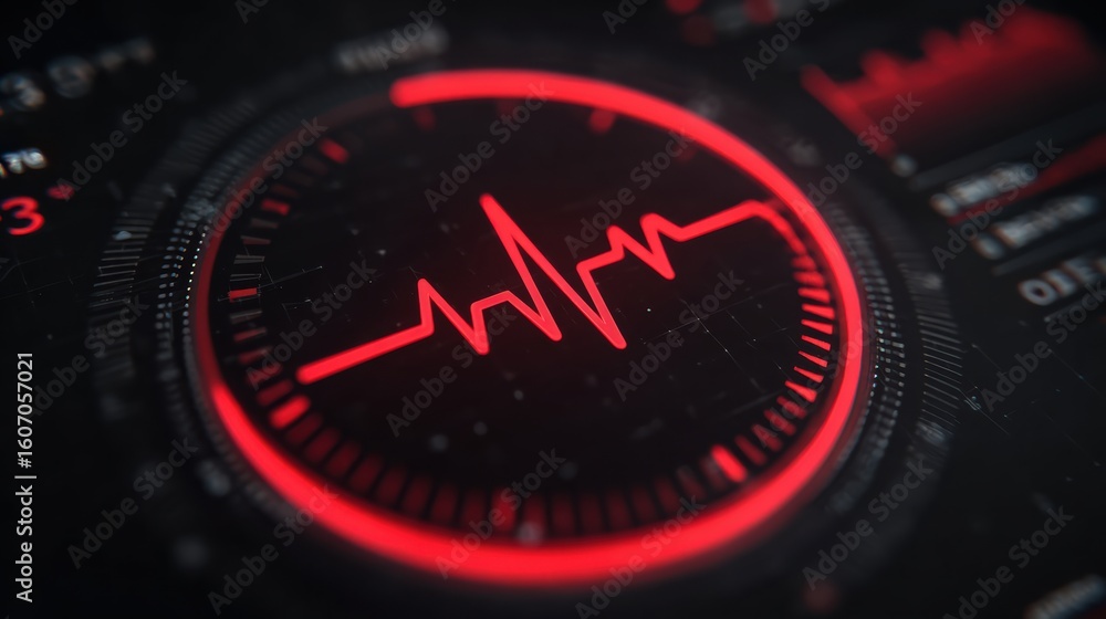 Poster a close-up view of a digital heartbeat monitor with a vibrant red pulse line against a dark backgrou