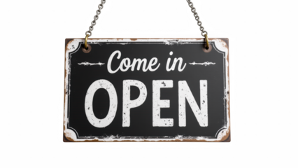 Come in, open sign hanging on chain, inviting customers to enter business. vintage design adds charming touch to atmosphere
