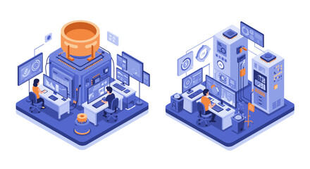 Obraz premium Futuristic isometric technology control room with engineers