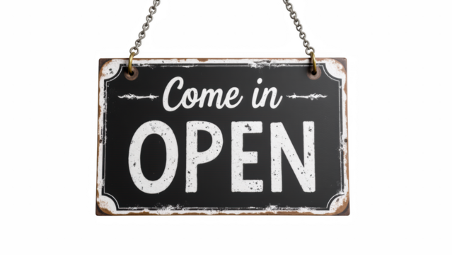 Come in, open sign hanging on chain, inviting customers to enter business. vintage design adds charming touch to atmosphere - Powered by Adobe