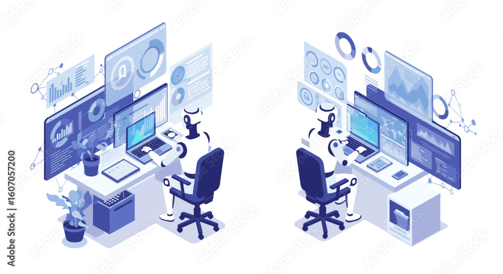 Aufkleber isometric future technology office with robots working on data analysi