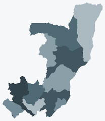 Map of Republic of the Congo with regions. Just a simple country border map with region division. Blue grey color palette. Plain Republic of the Congo shape with administrative division.