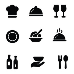 Collection of nine culinary and dining icons in a clean silhouette style