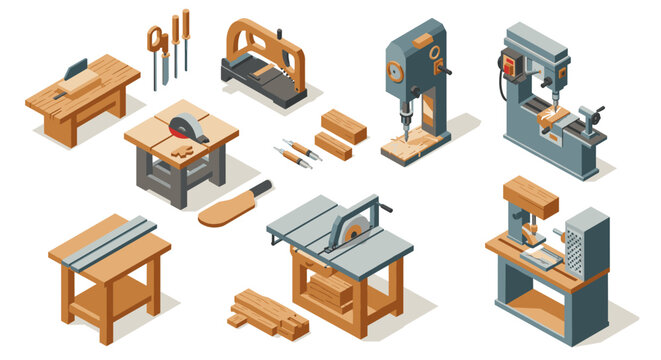 Isometric workshop tools and machinery set for woodworking enthusiasts
