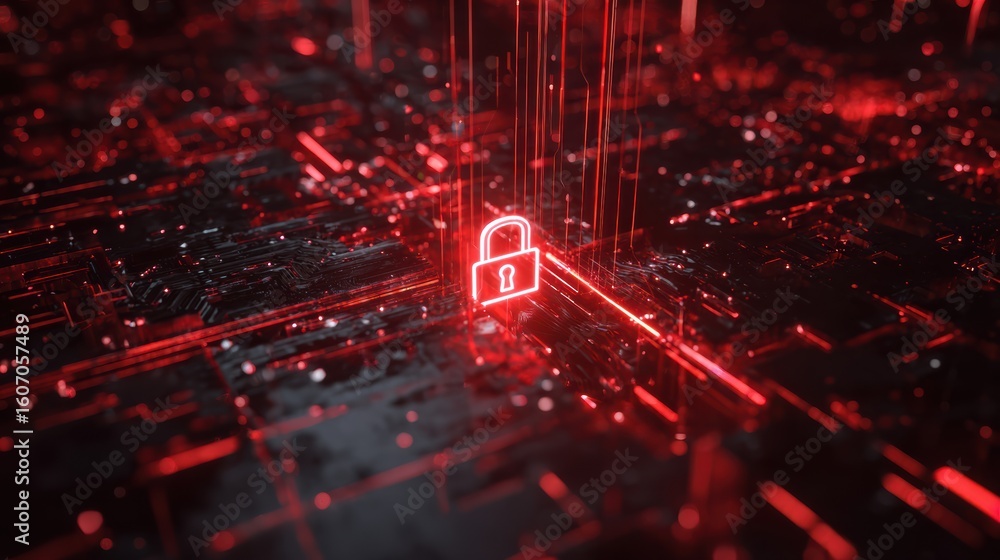 Poster a digital background featuring a glowing red padlock, symbolizing data security and cybersecurity co