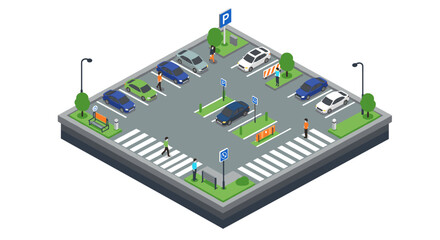 Isometric parking lot scene with cars, people, and trees in urban sett