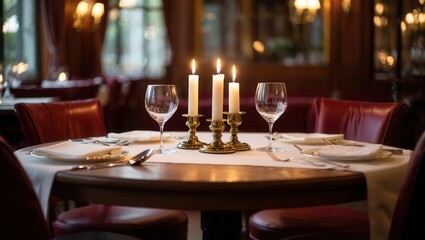 A Cozy and Elegant Dining Setting with Romantic Candlelight, Exquisite Tableware, and Plush Seating for an Unforgettable Culinary Experience