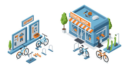 Isometric bicycle rental shop and repair station with accessories