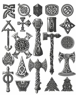 
A collection of detailed illustrations of ancient Nordic and Viking symbols, including Mjolnir (Thor's hammer), axes, swords, and shields, all adorned with intricate Celtic knotwork and patterns.