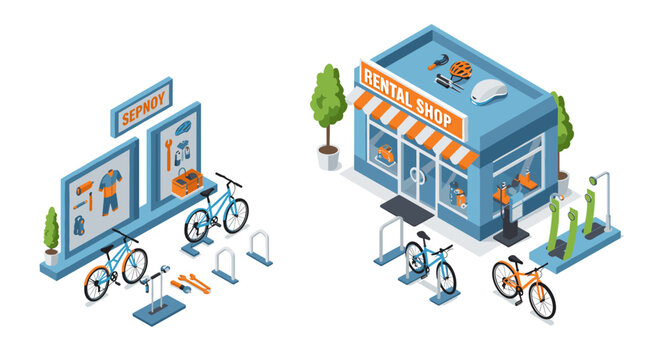 Isometric bicycle rental shop and repair station with accessories