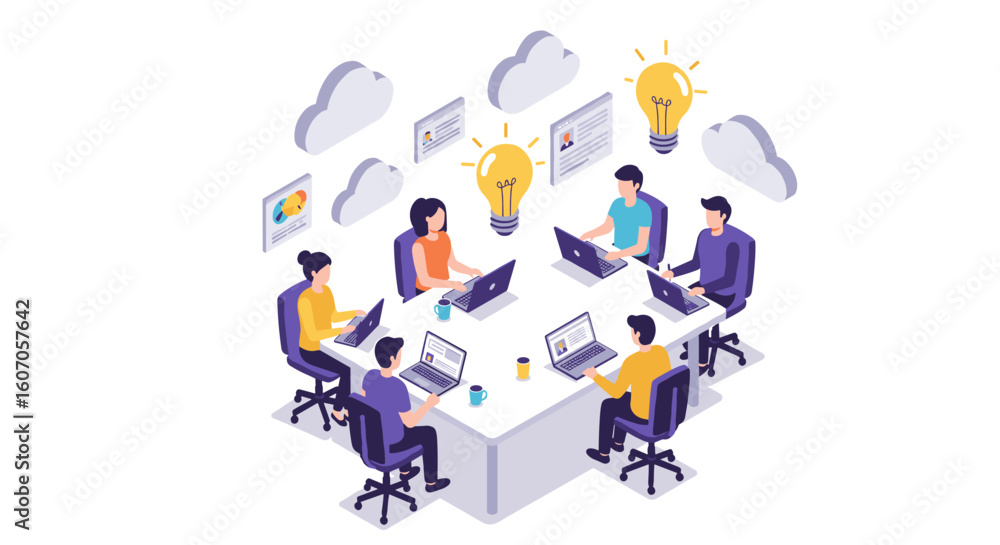 Poster collaborative teamwork in isometric design with creative cloud and ide