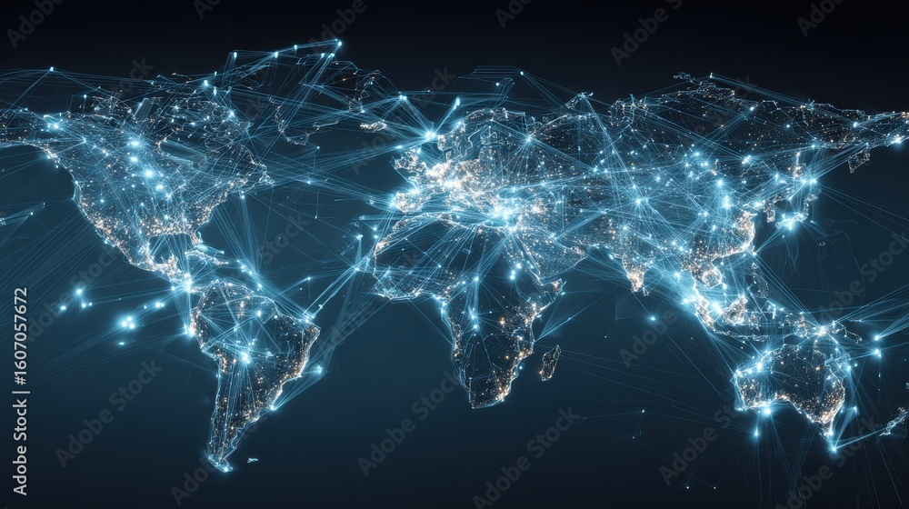 Poster a digital representation of a connected world, showcasing networks and data exchanges across the glo