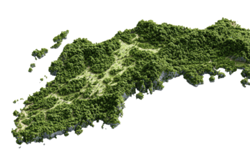 A 3D model of an island, lush with green foliage