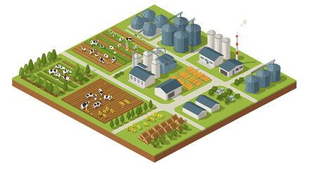 Modern isometric dairy farm with cows, crops, and silos in a rural lan