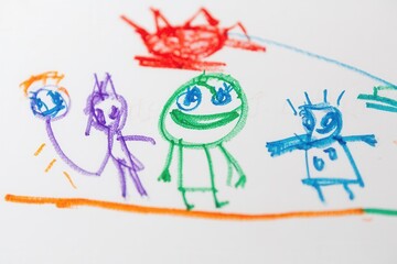 Colorful Crayon Drawing of Playful Characters Engaging in a Fun Scene with Bright Shapes and Expressive Illustrations