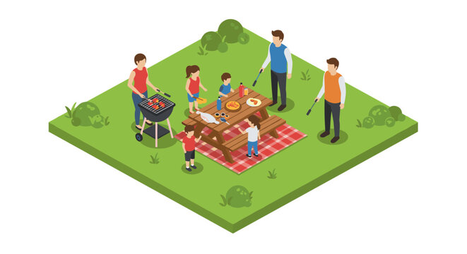 Family picnic and barbecue in a park with isometric design