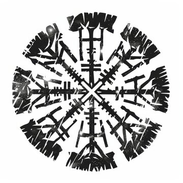 A stylized, black-and-white illustration of the Aegishjalmur, or Helm of Awe, an ancient Icelandic magical stave symbol. The image has a grunge, distressed texture, giving it a raw and powerful aesth