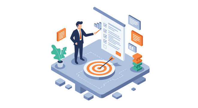 Isometric businessman presenting achievements with checklist and targe
