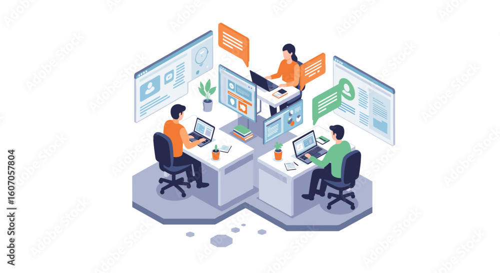 Poster collaborative remote work in isometric office setup with digital commu