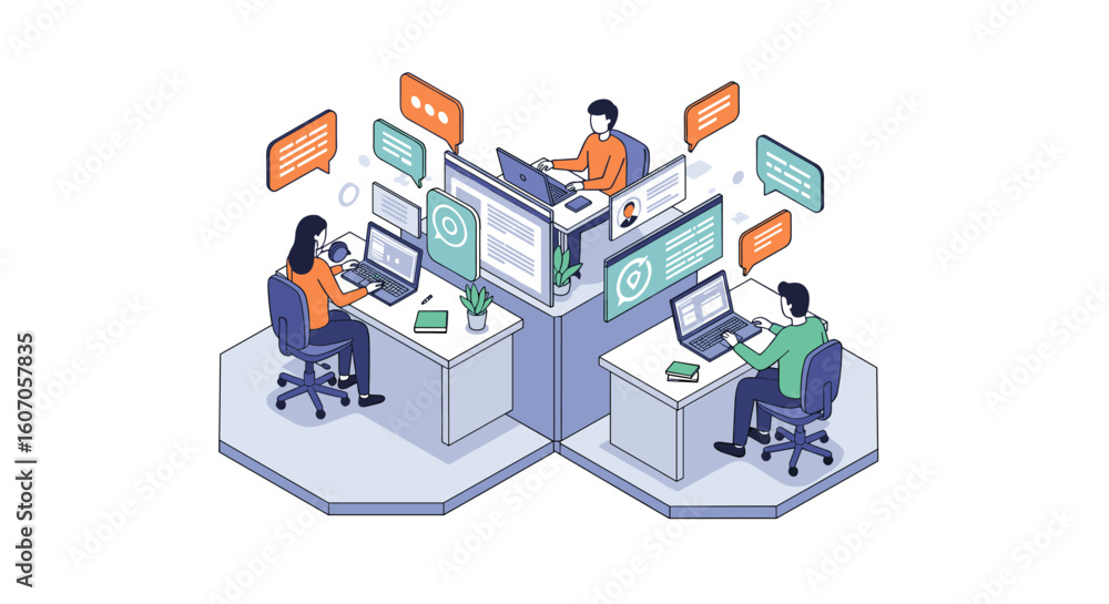 Poster collaborative office environment with team using digital communication