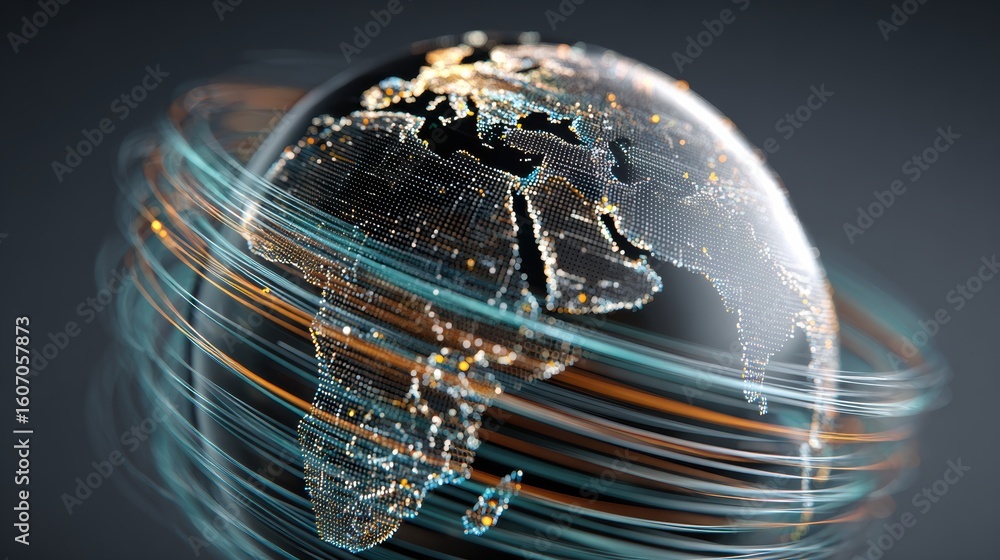 Poster a digitally rendered globe surrounded by dynamic light trails representing global connectivity and m