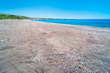 Pebbly beach on the Akamas Peninsula, near Lara Beach, Peyia near Paphos. A haven for turtles. The...