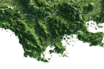 Detailed topographical map of a lush, mountainous region bordering a body of water