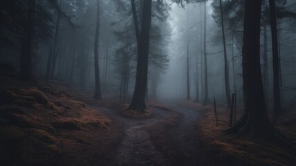 Fototapeta premium A mysterious path in a dark forest covered with thick fog, muted colors, cinematic eerie lighting