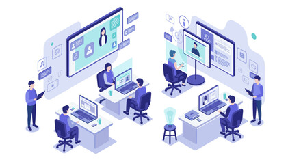 Fototapeta premium Isometric office workspace with colleagues collaborating on digital pr
